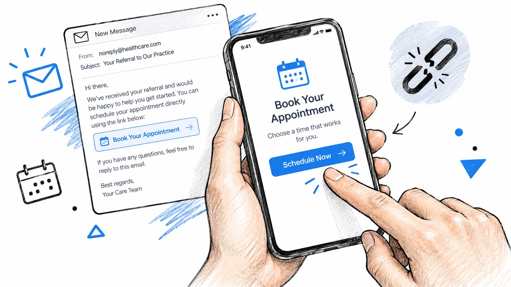 A hand holding a smartphone showing an appointment booking screen next to an email invitation for a referral.