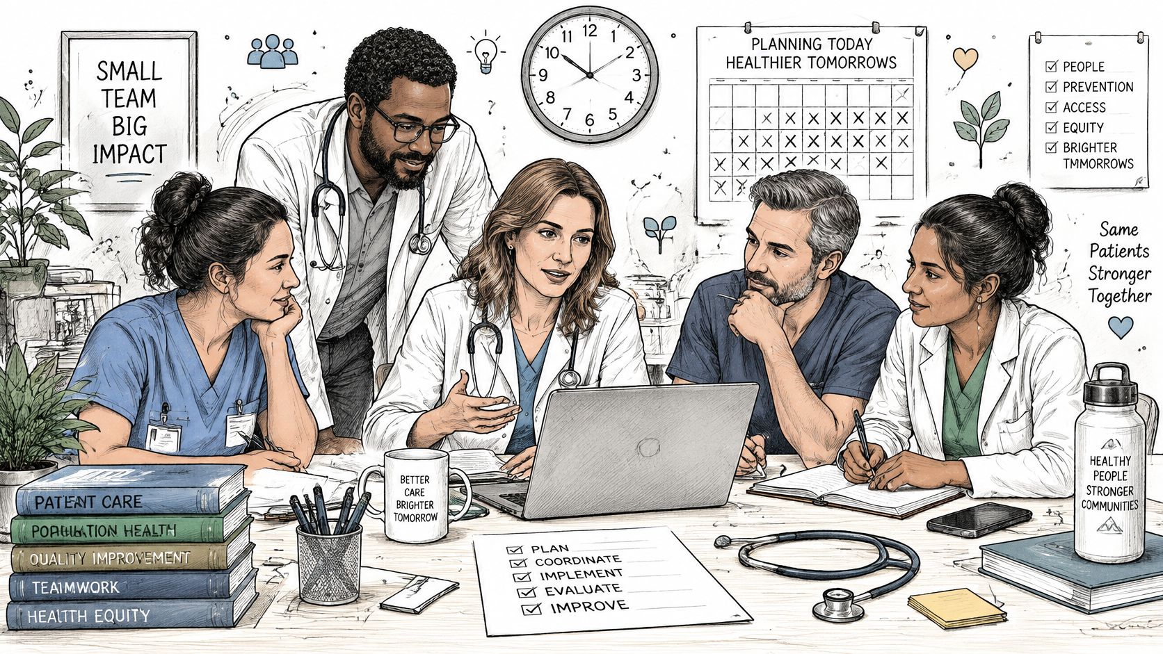 A diverse medical team collaborating in an office setting around a laptop to plan healthcare strategies.