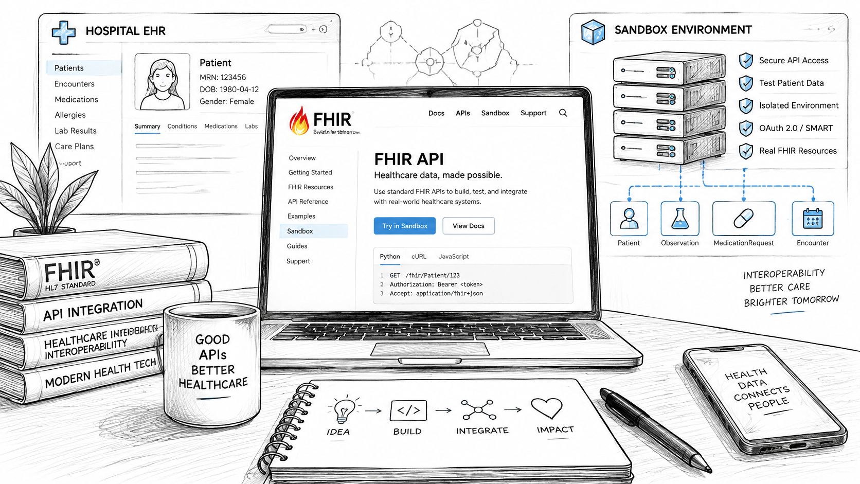 A digital illustration showing a developer workspace with an EHR interface, FHIR API documentation, and health icons.