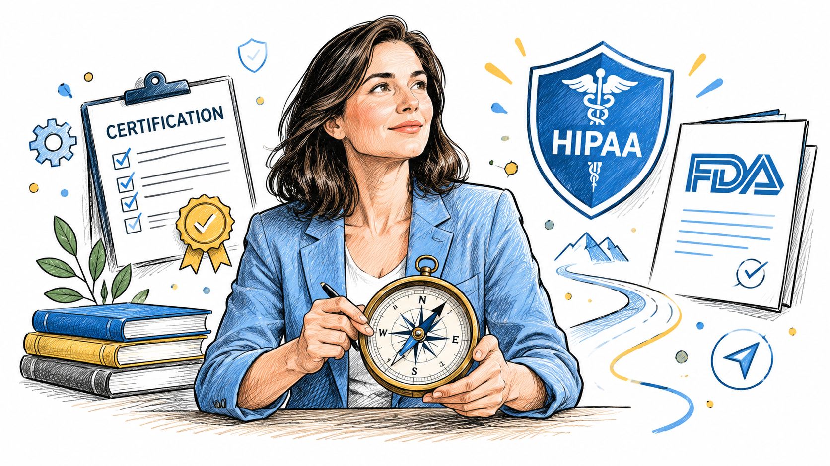 A professional woman holding a compass next to medical certification documents, HIPAA shield, and FDA compliance files.