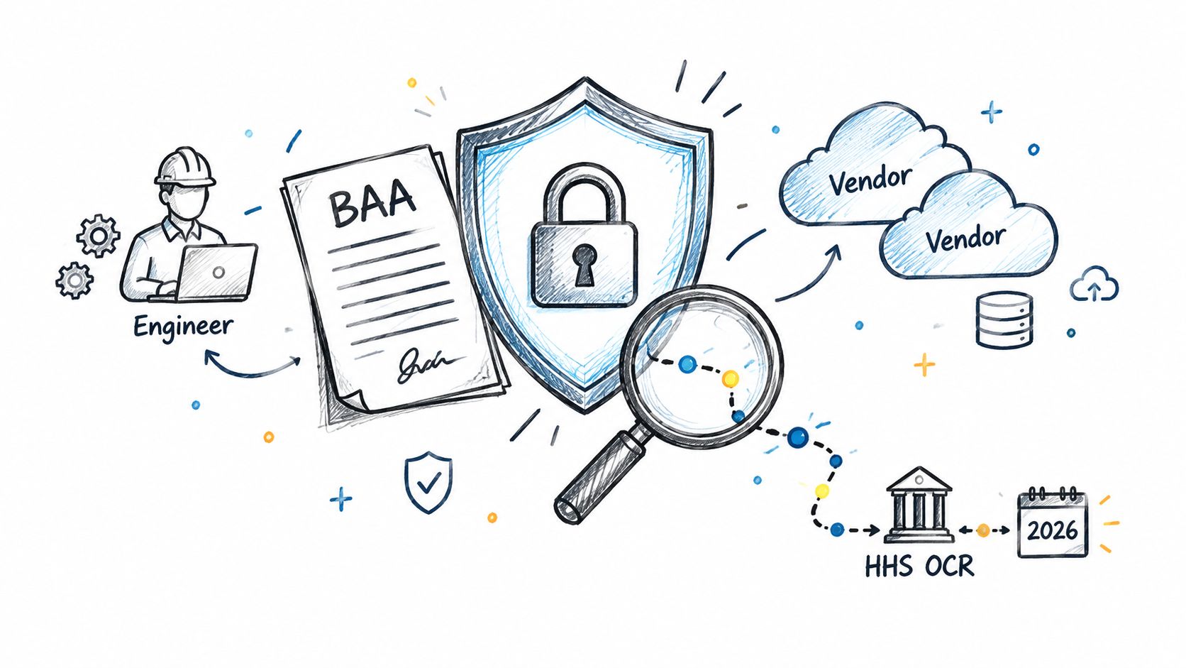 A hand-drawn illustration showing a BAA document, a security shield with a padlock, and an engineer connected to OCR compliance services.