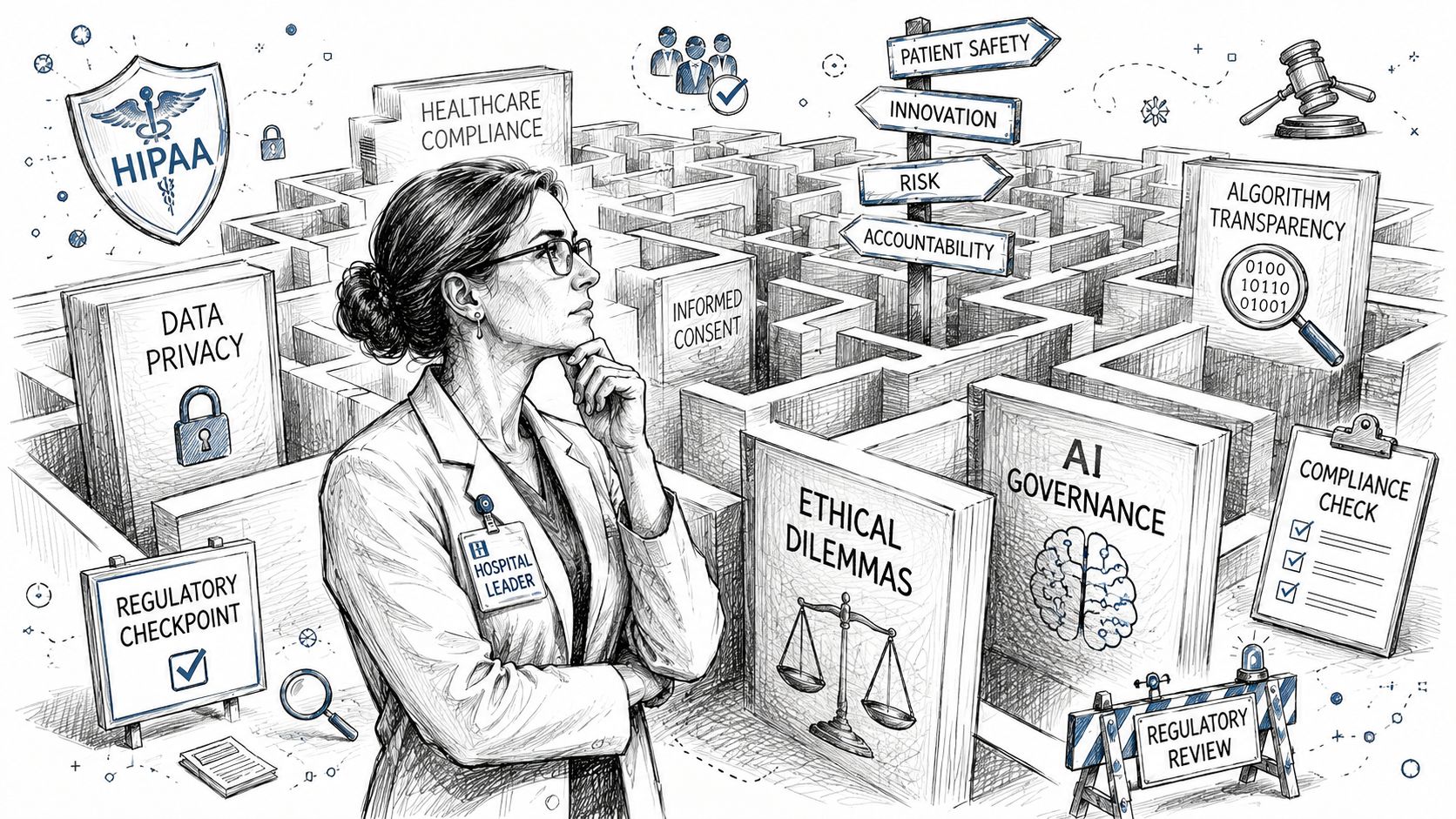A hospital leader contemplating complex healthcare compliance, AI governance, and ethical dilemmas within a challenging maze environment.