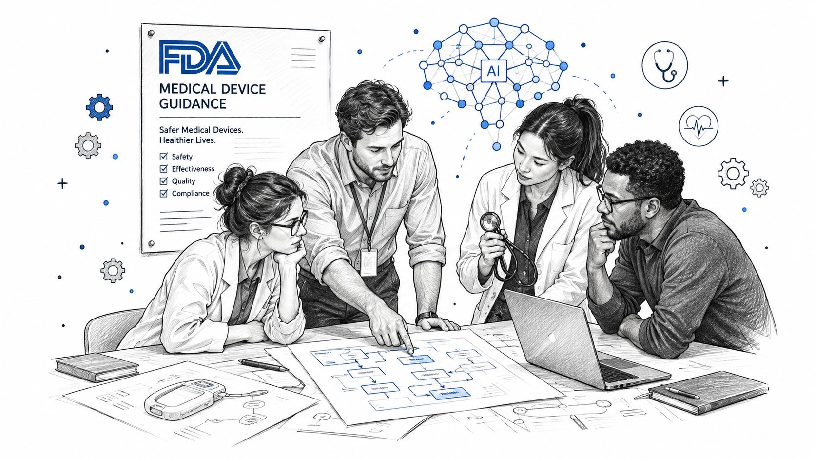 A diverse team of professionals collaborate on a medical device development plan involving AI compliance.