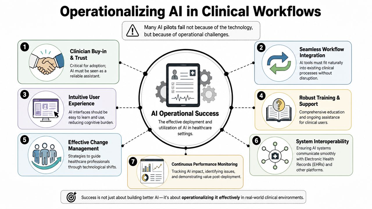A diagram outlining seven key factors for successfully operationalizing artificial intelligence within clinical healthcare workflows.
