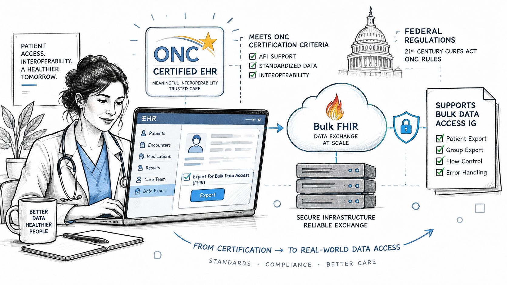 A hand-drawn illustration depicting a clinician using an EHR system for Bulk FHIR data exchange and compliance.