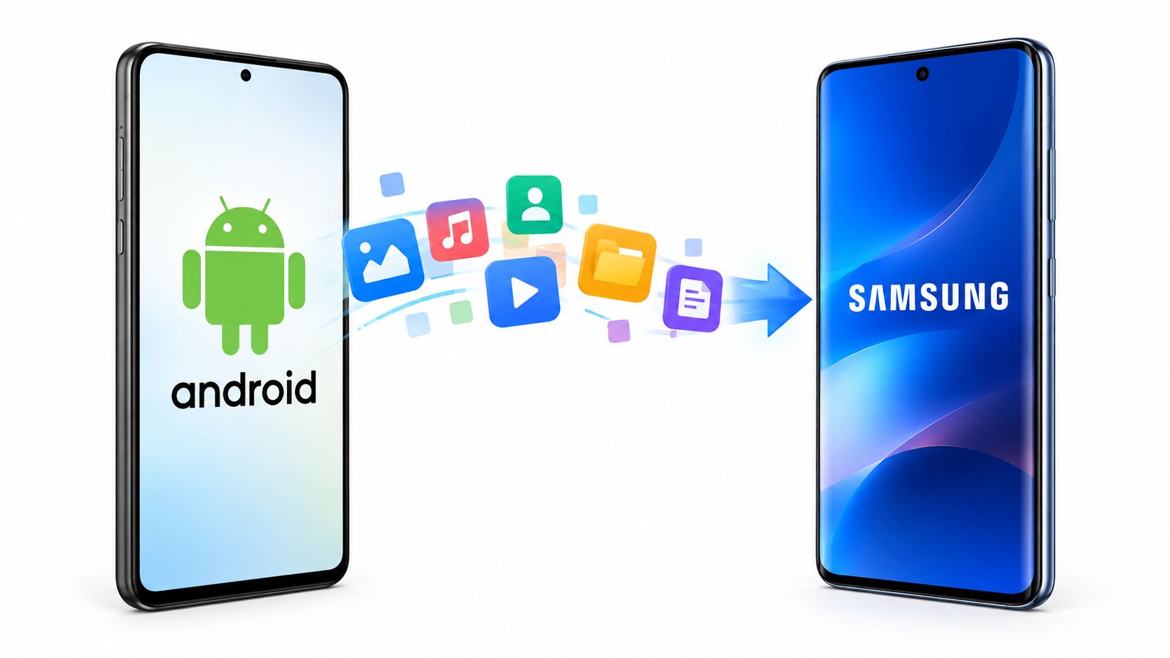 A smartphone showing an Android logo transferring data icons to a new Samsung smartphone on white background.
