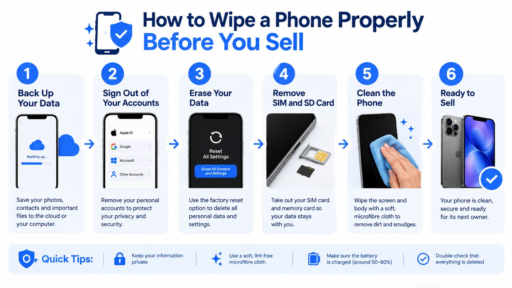 An infographic showing six essential steps to properly wipe a phone’s data before selling it to someone.