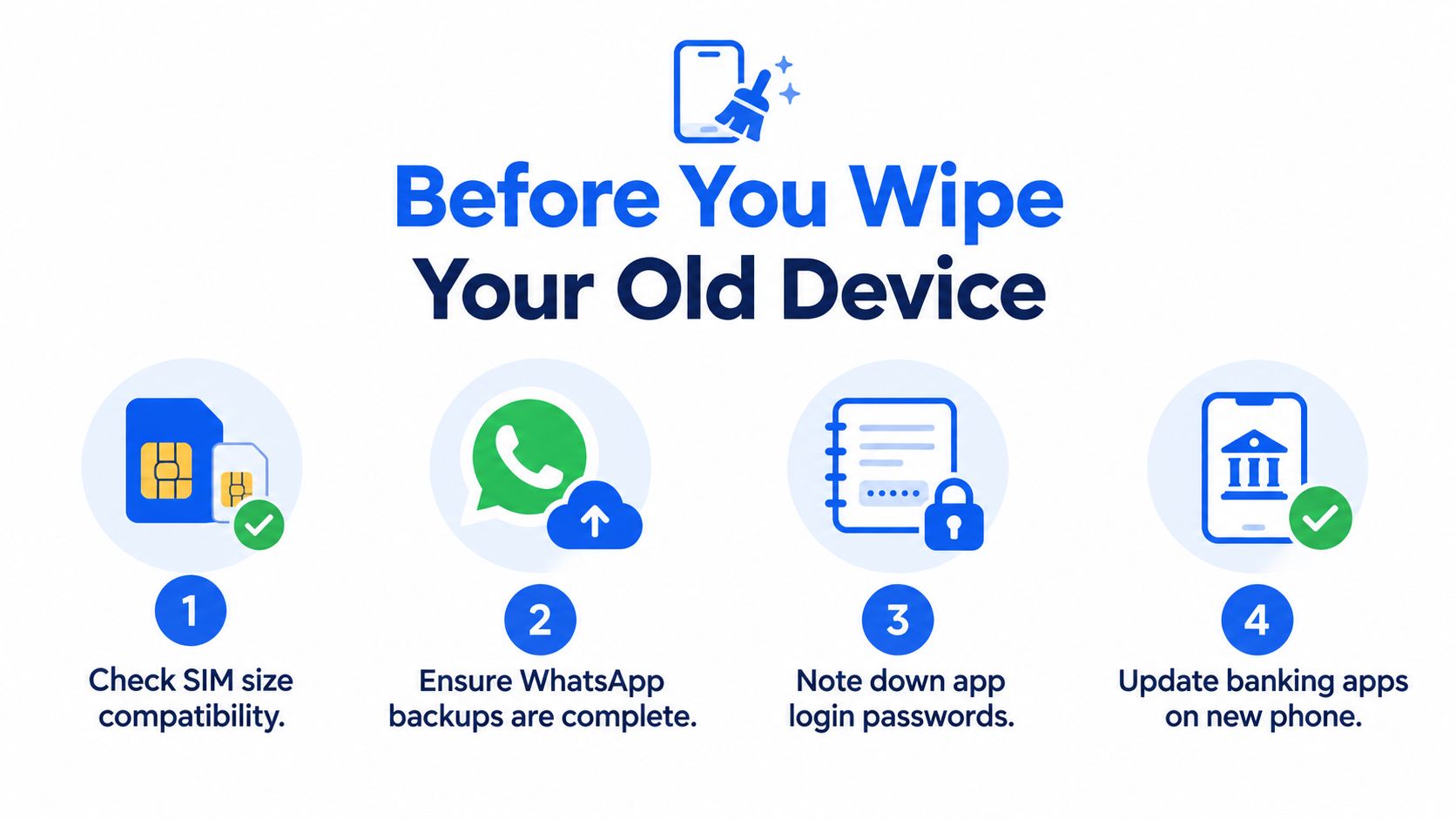 A four-step checklist illustration to follow before erasing data from an old mobile device.