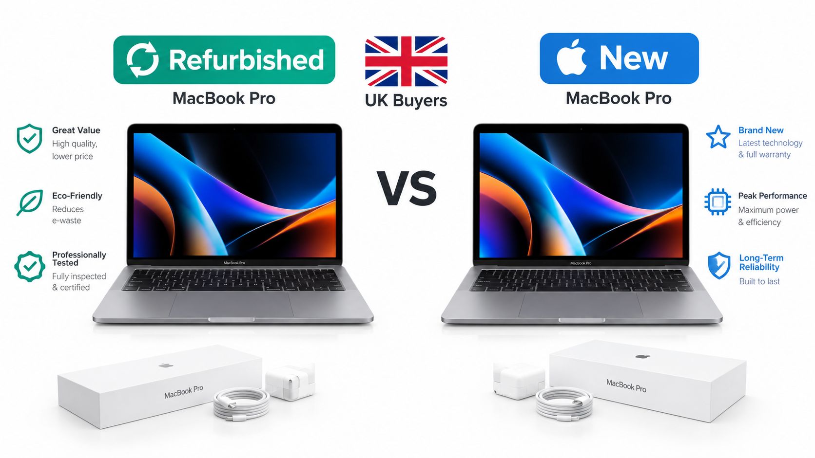 A comparison graphic for UK buyers choosing between a refurbished MacBook Pro and a new MacBook Pro.