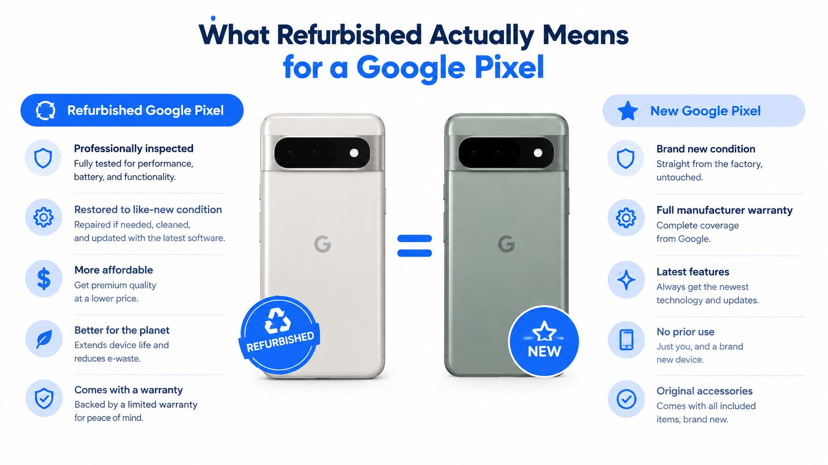 An infographic comparing refurbished and new Google Pixel phones, highlighting features, benefits, and quality assurance standards.