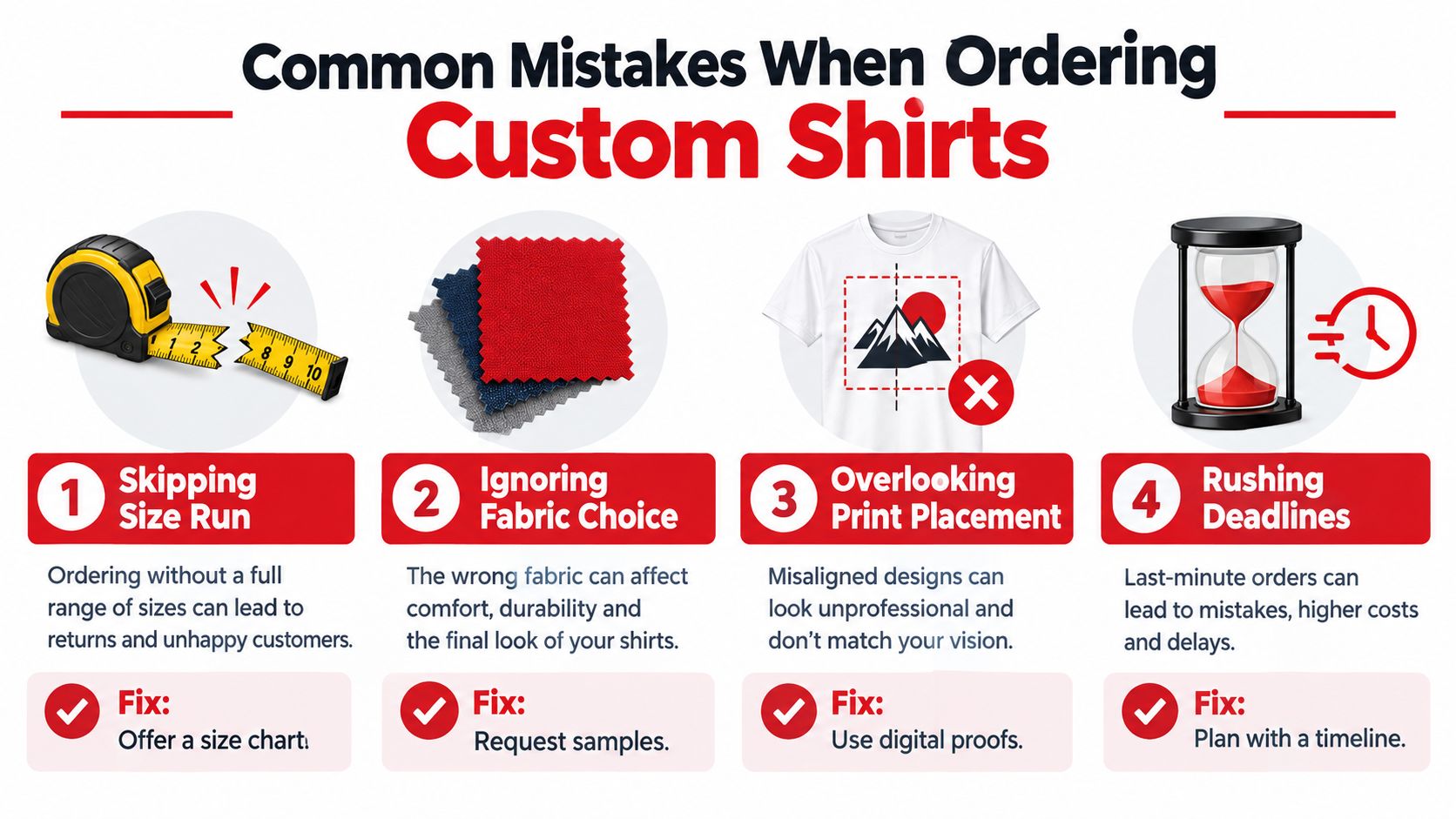 An infographic illustrating four common mistakes to avoid when ordering custom shirts, including solutions for each error.