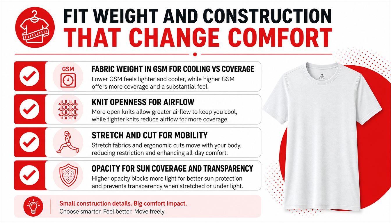 An infographic explaining how fabric weight, knit, cut, and opacity affect t-shirt comfort and performance.