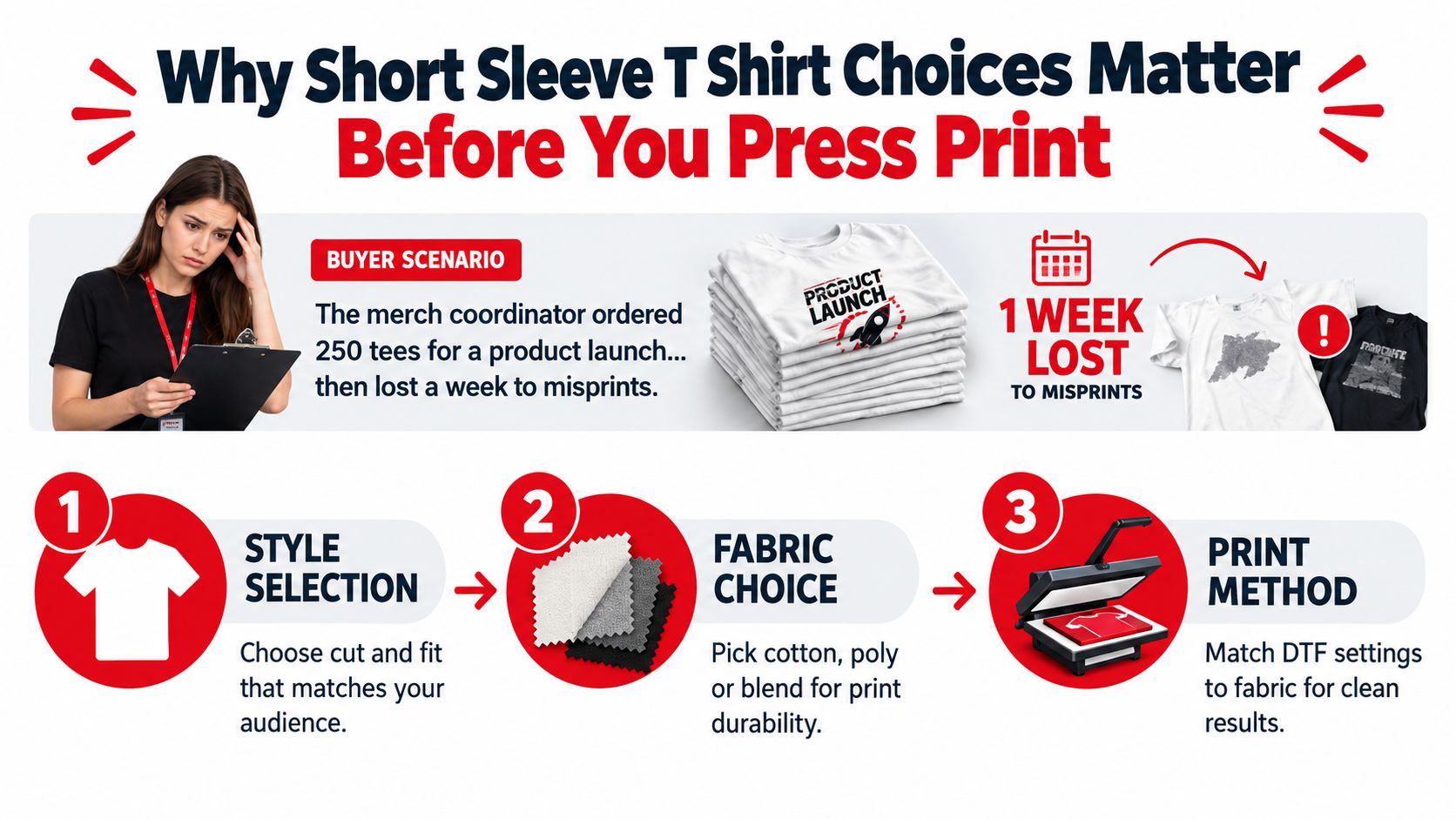 A guide on short sleeve t-shirt printing mistakes, showing three steps to prevent production issues and misprints.