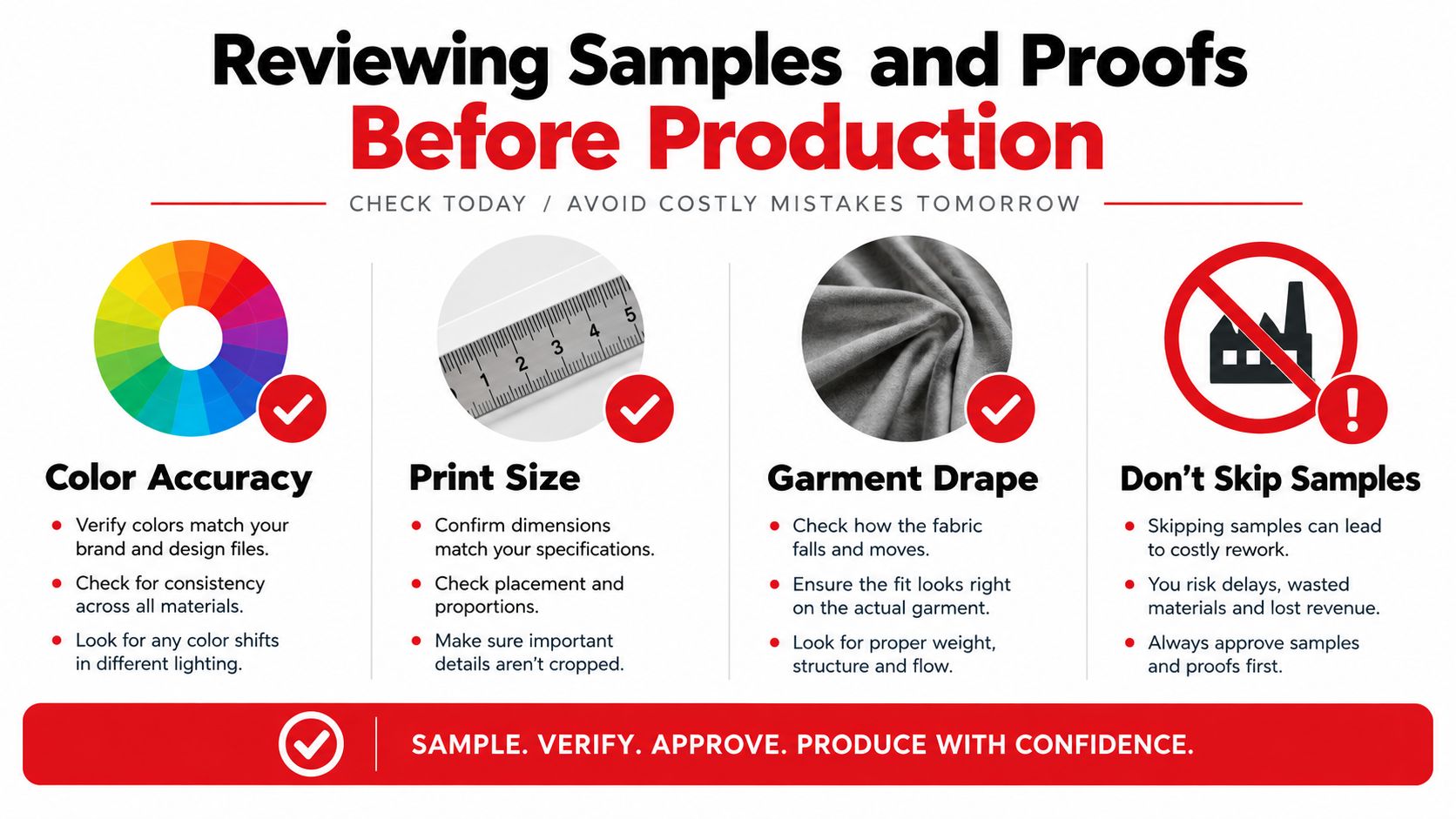 A professional infographic illustrating the importance of reviewing product samples and proofs before mass production.