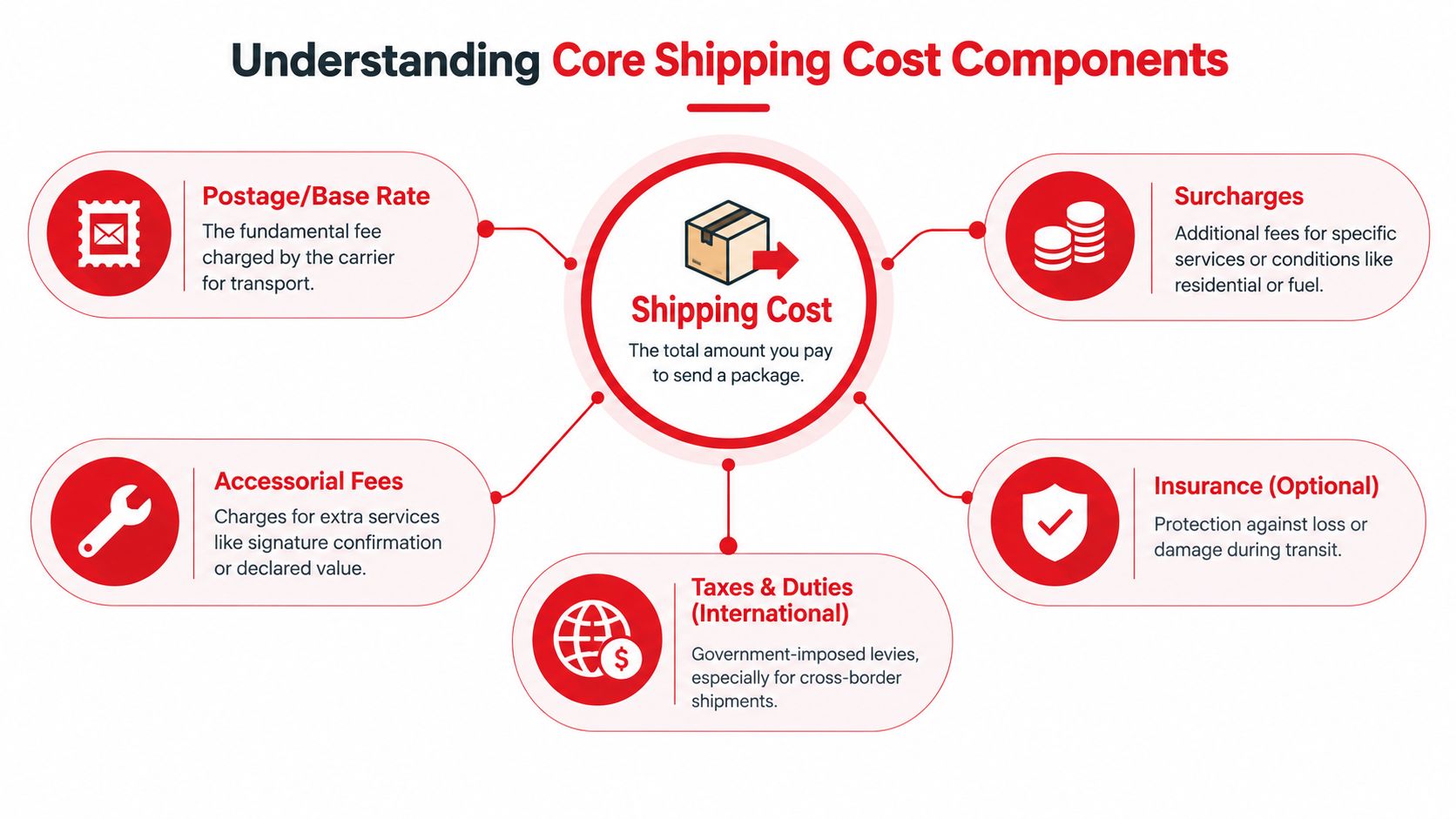 A diagram outlining the five core components that make up the total cost of shipping a package.