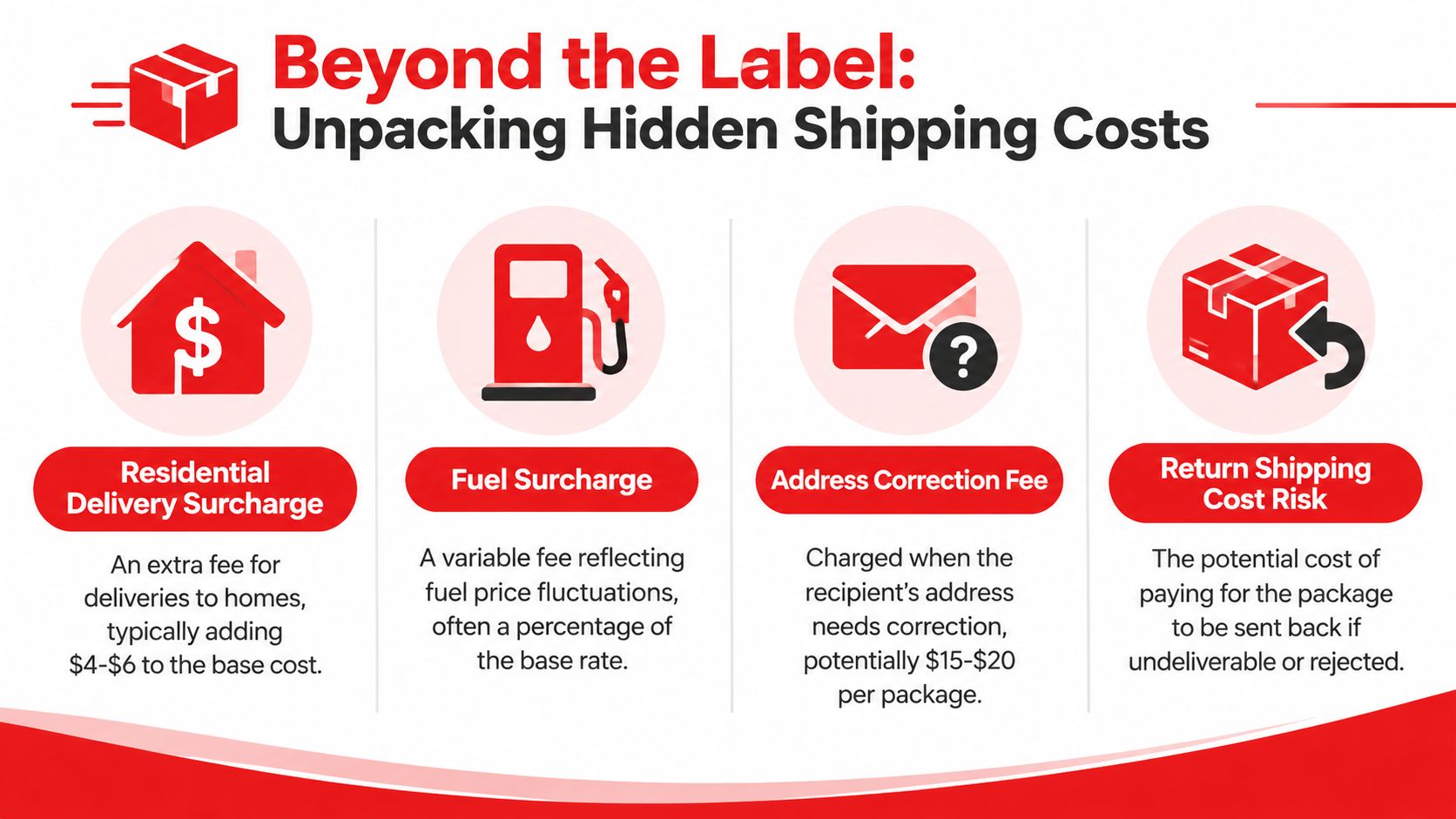 An infographic titled Beyond the Label explaining various hidden shipping costs including residential, fuel, address, and returns.