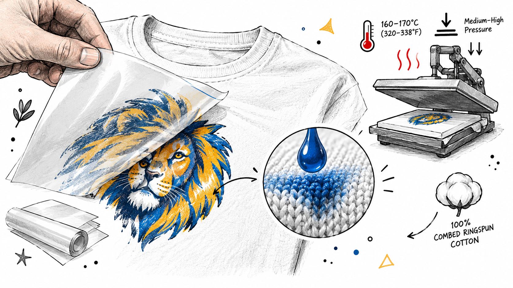 A diagram illustrating the heat transfer process onto a 100% combed ringspun cotton t-shirt.