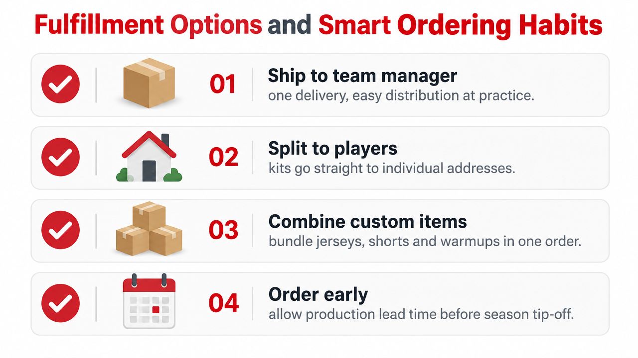 An infographic showing four smart ordering habits for fulfillment options of custom team uniforms and kits.