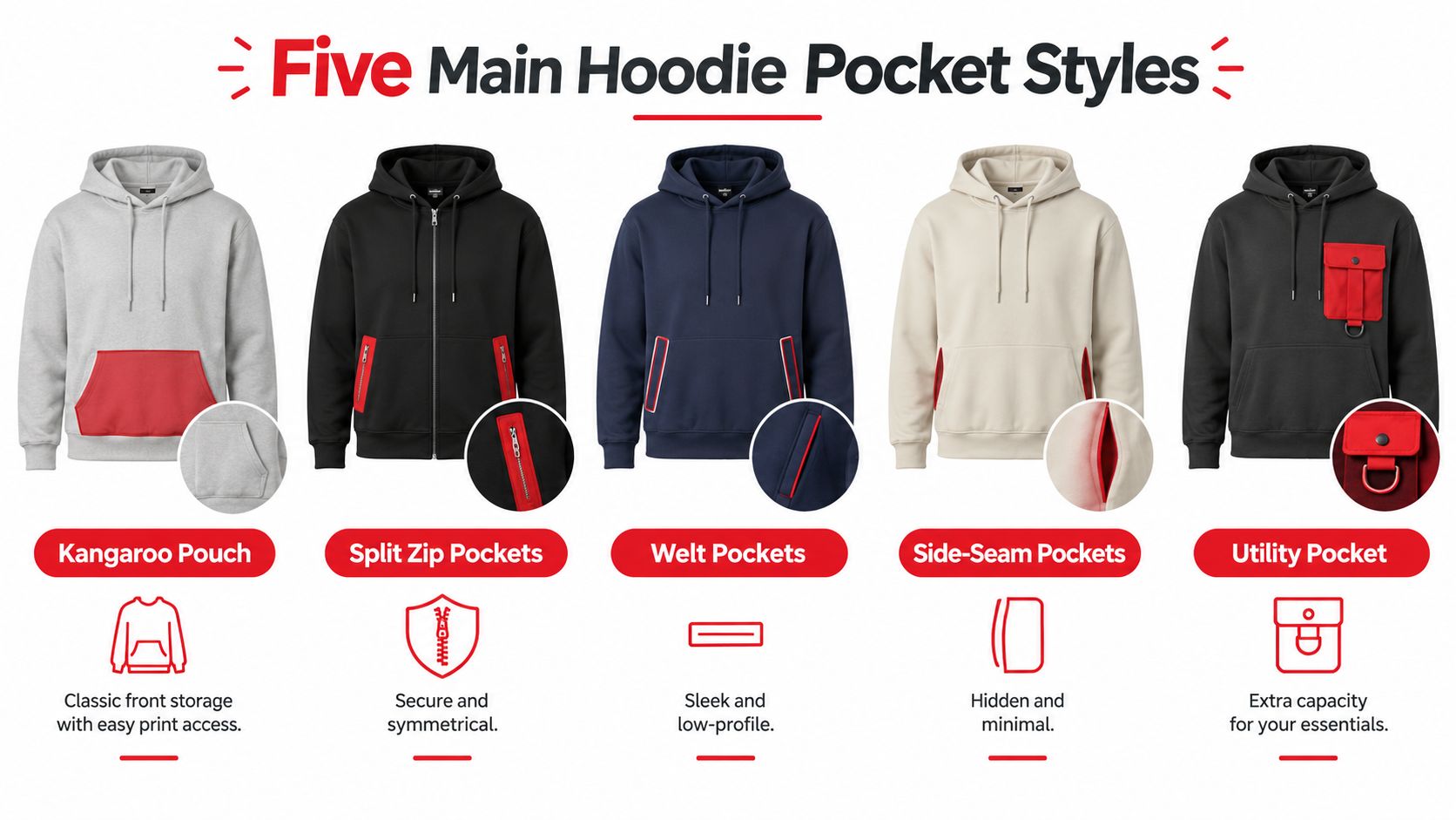 A graphic illustration showcasing five different styles of hoodie pockets including kangaroo, split zip, welt, side-seam, and utility.