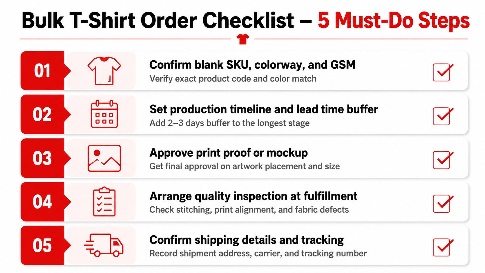 A checklist infographic outlining five essential steps for managing a successful bulk t-shirt production order.