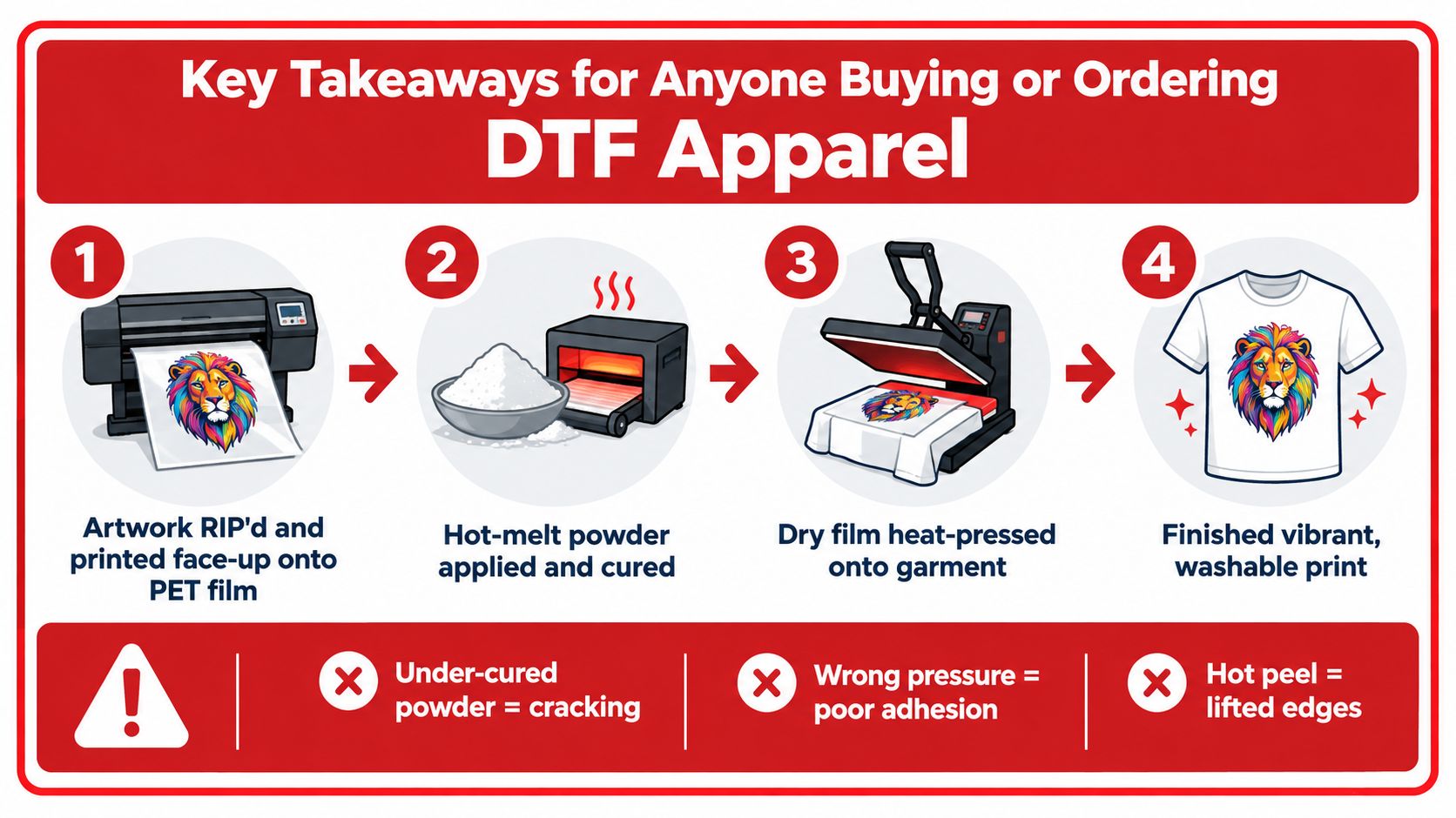 A diagram illustrating the four steps of the DTF printing process for custom apparel production.