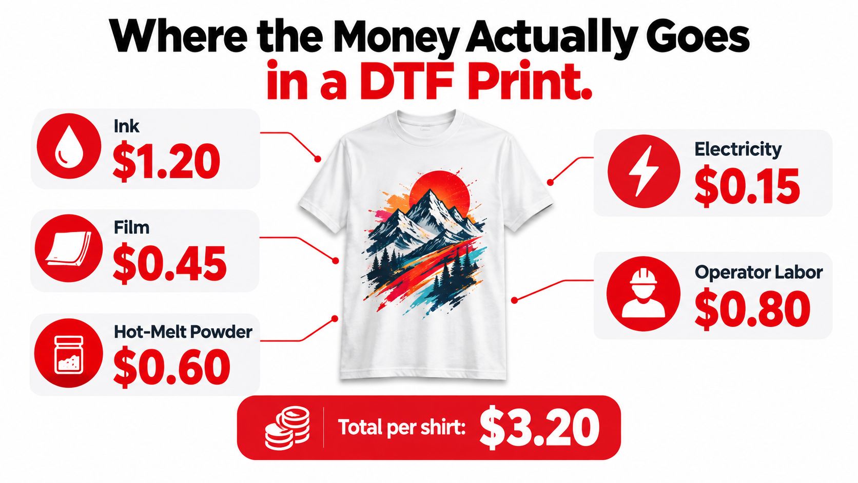 An infographic breakdown of costs for DTF t-shirt printing including ink, film, powder, electricity, and labor.