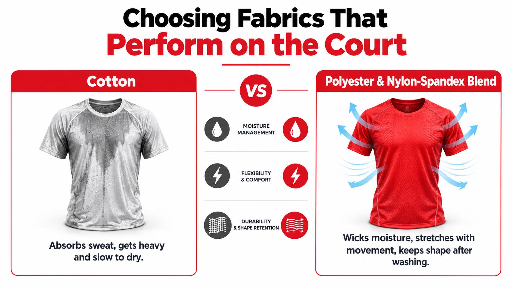 A comparison chart showing cotton versus polyester and nylon-spandex blend fabrics for athletic performance and moisture management.
