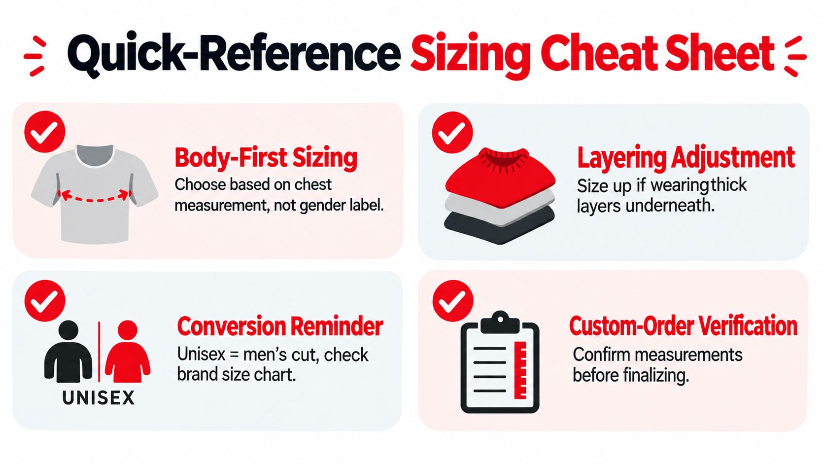 A sizing cheat sheet with icons and advice for choosing the correct clothing fit and measurements.