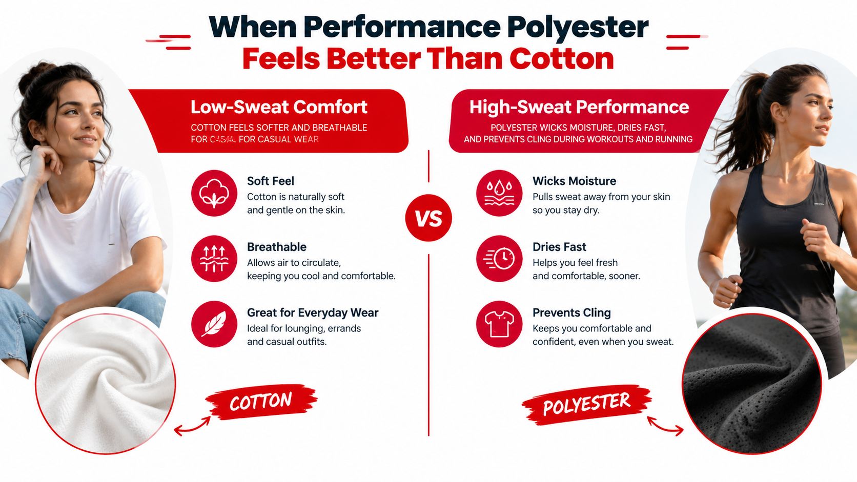 A comparison infographic showing the benefits of casual cotton clothing versus high-performance moisture-wicking polyester athletic wear.
