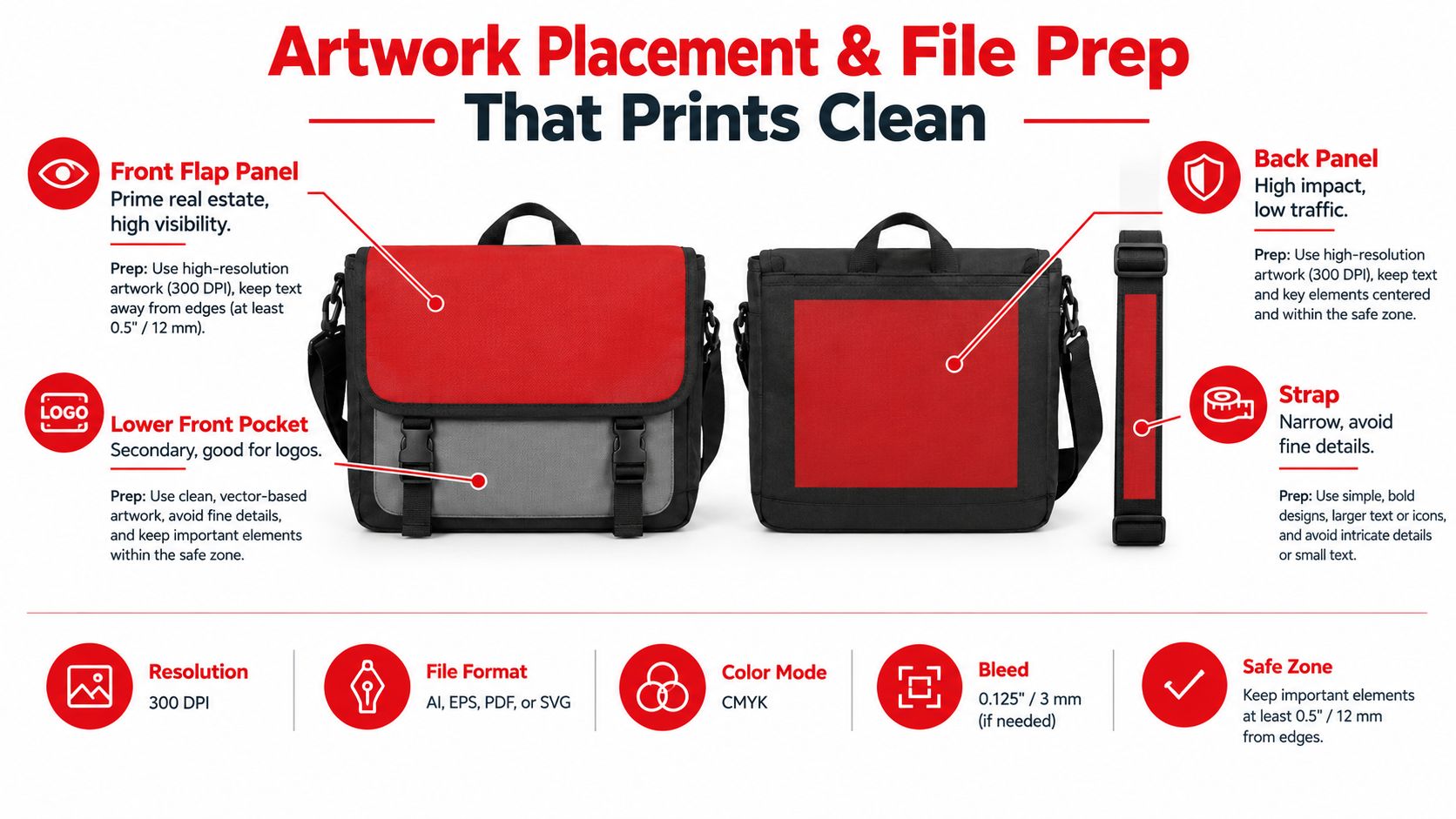 A diagram illustrating design guidelines and file preparation requirements for printing artwork on custom messenger bags.