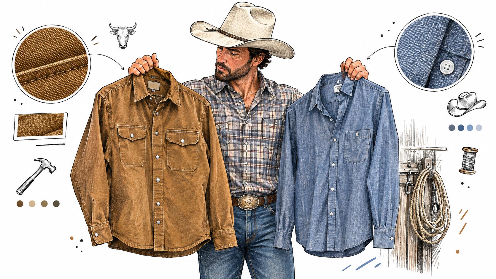 A cowboy holding a brown canvas shirt and a blue denim shirt against a white background.