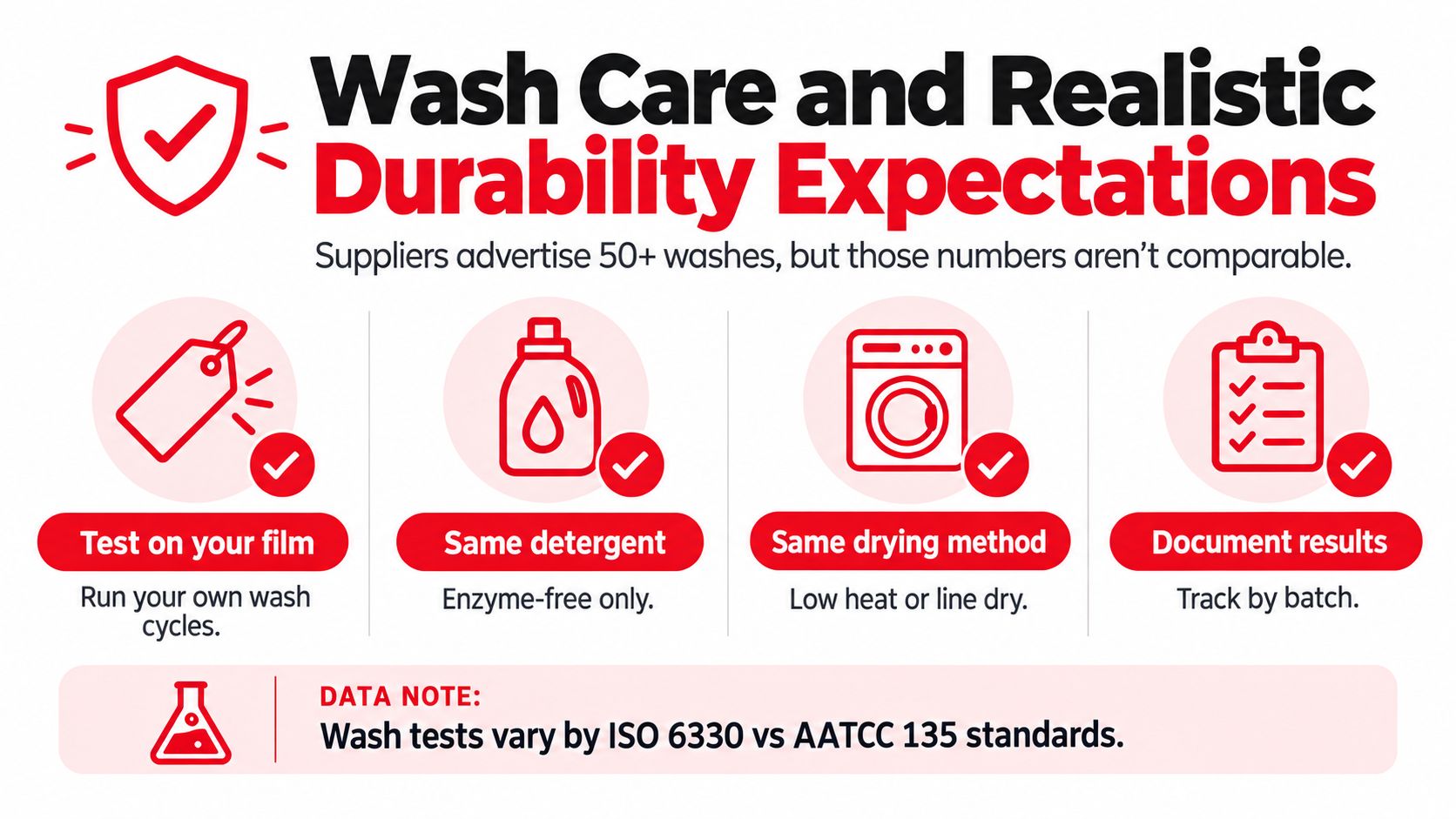 A graphic providing four key steps for testing the durability of heat transfer vinyl during laundry cycles.