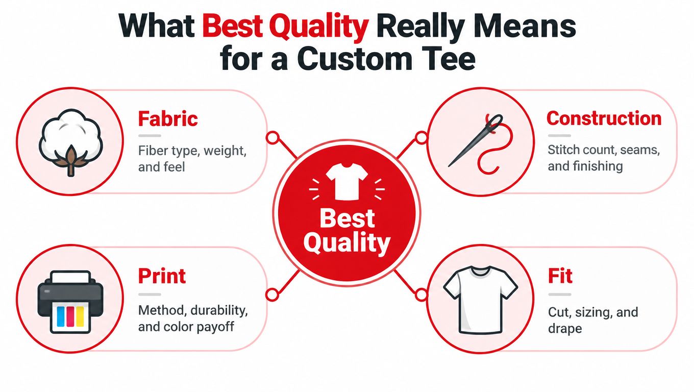 An infographic showing four key factors that define best quality for a custom t-shirt: fabric, construction, print, and fit.