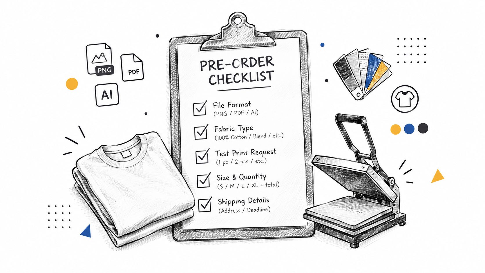 A hand-drawn checklist for apparel printing featuring a t-shirt, heat press, and design file formats.
