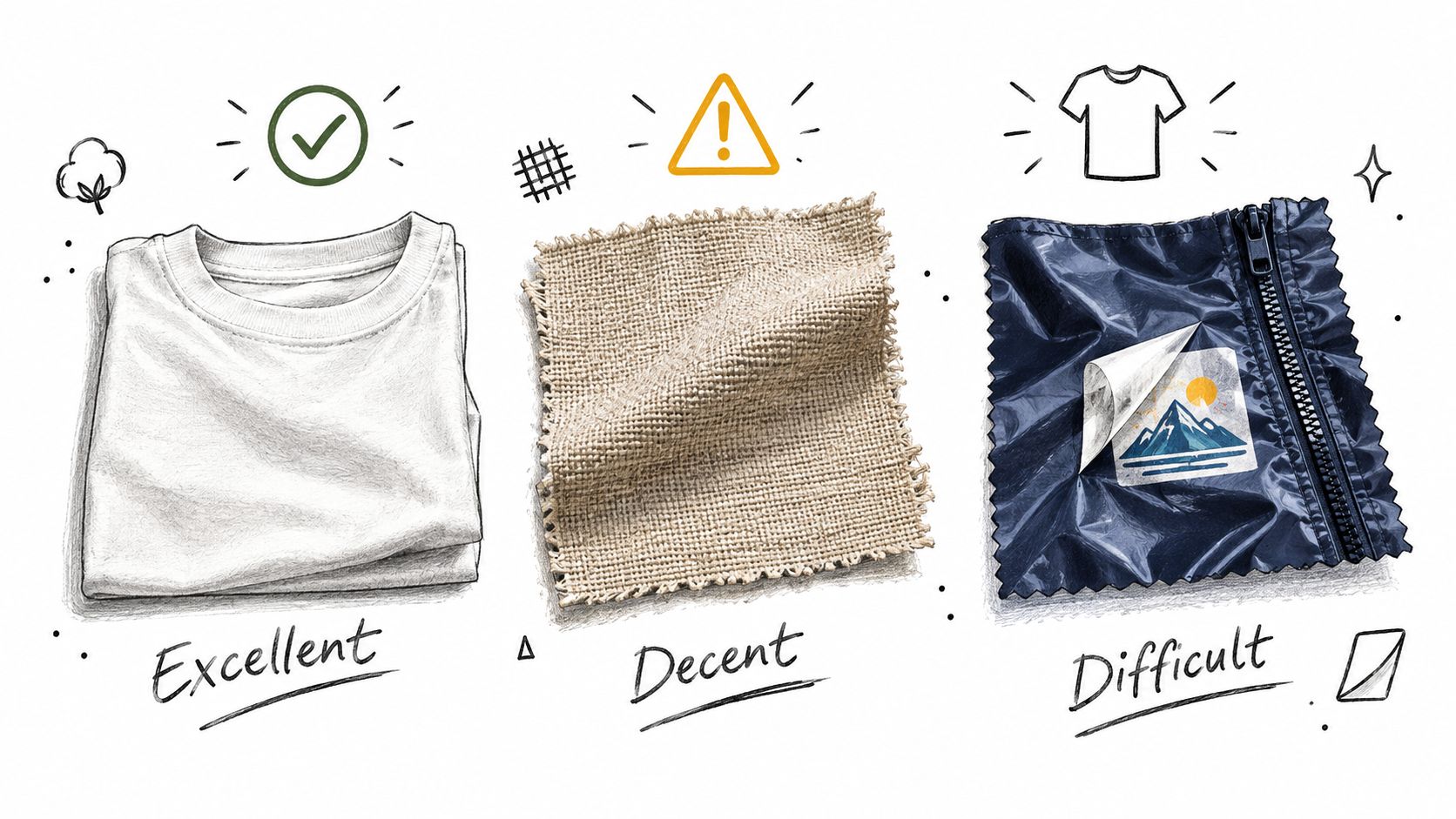 A visual guide comparing fabric surfaces for DTF printing, showing cotton, burlap, and waterproof nylon materials.