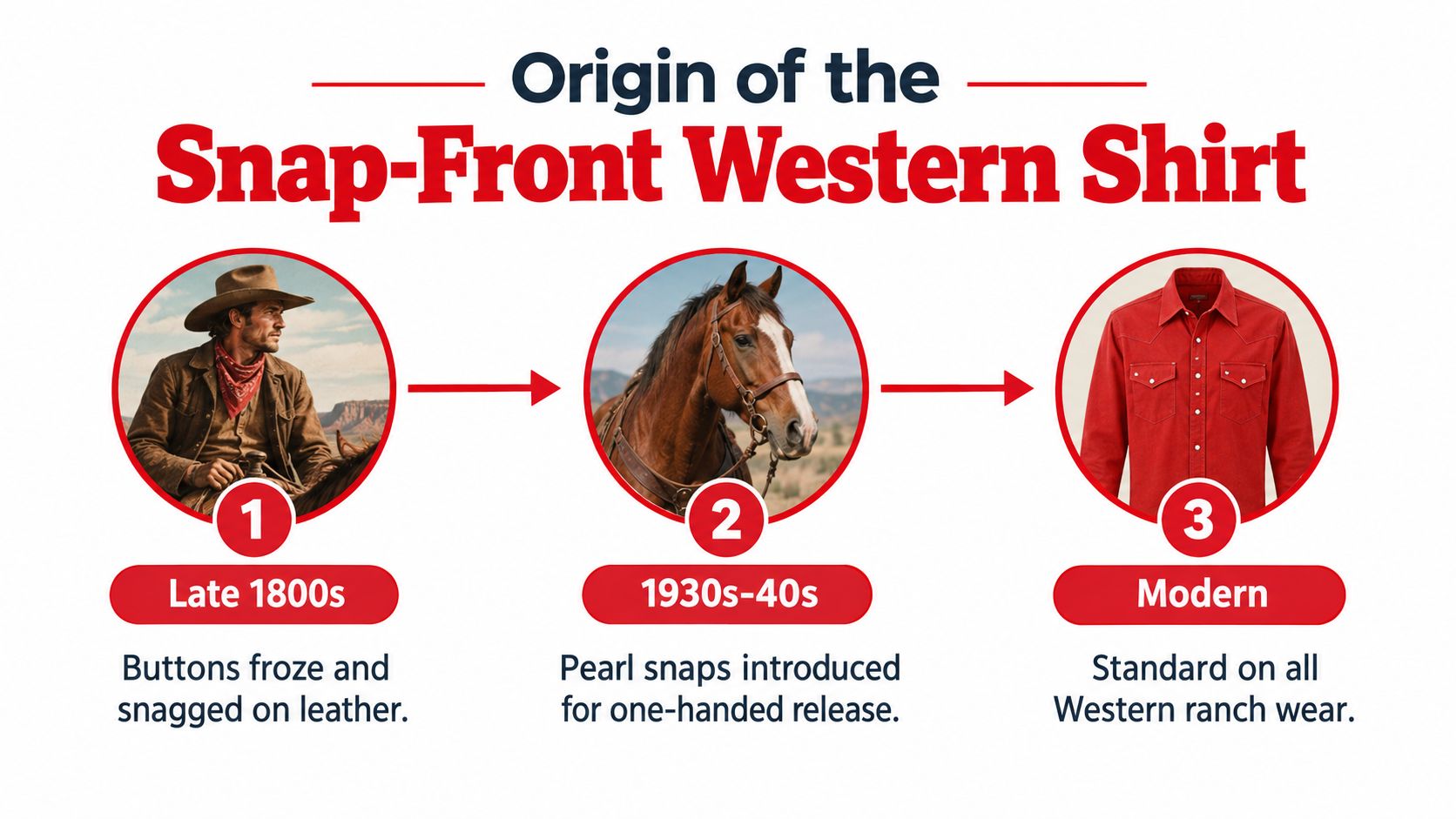 A timeline graphic showing the evolution of the snap-front Western shirt from the 1800s to modern times.