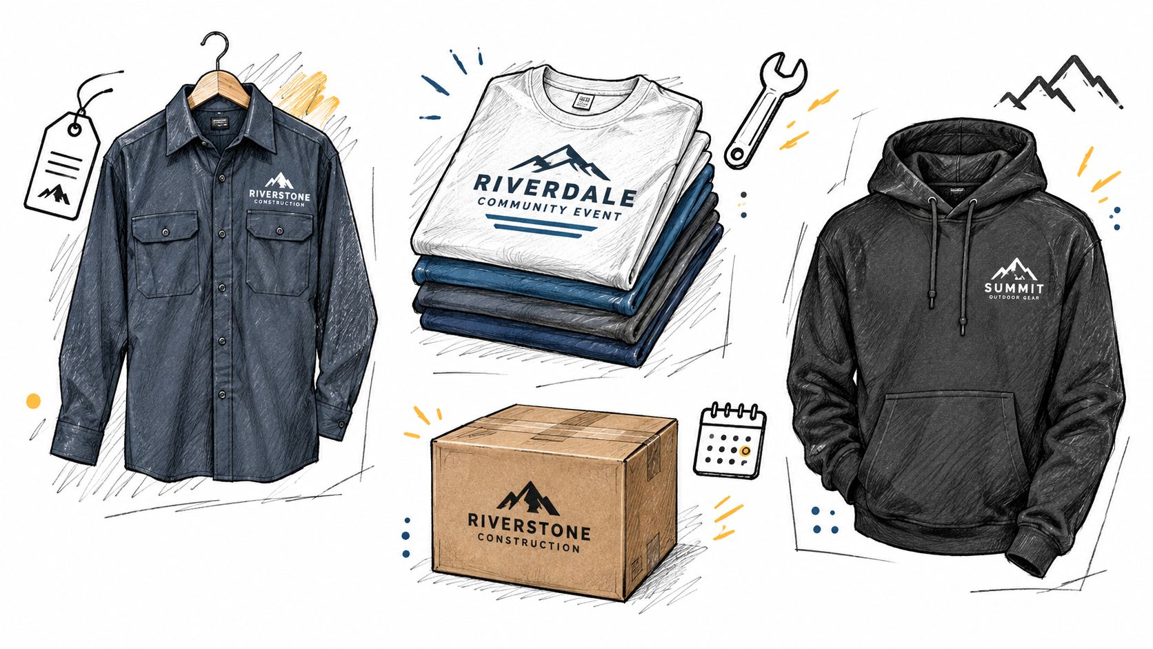 A hand-drawn illustration showing branded apparel including a work shirt, t-shirts, a hoodie, and a delivery box.
