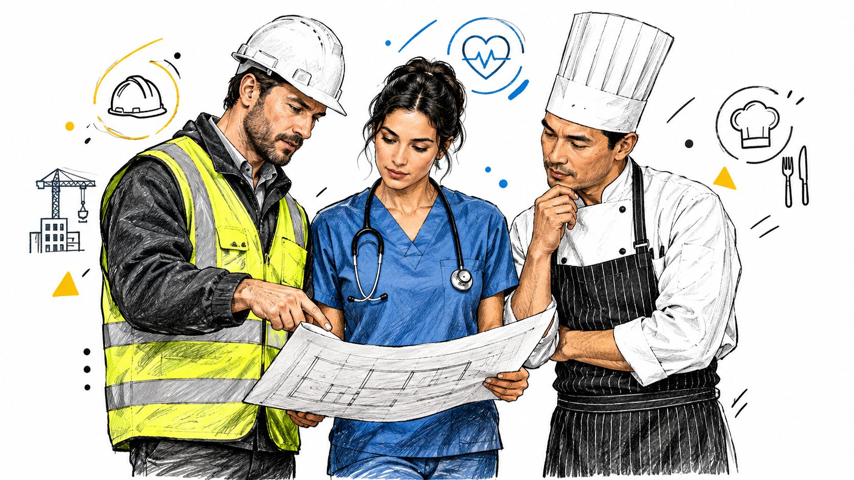 A construction worker, a nurse, and a chef collaboratively reviewing a blueprint together with various icons.