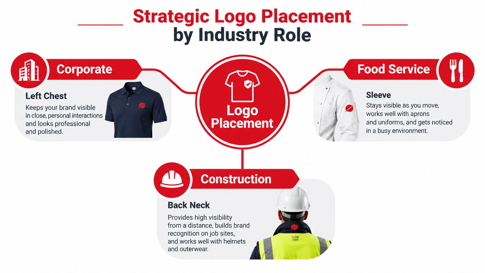 A strategic guide illustrating optimal logo placement on workwear for corporate, food service, and construction industry roles.