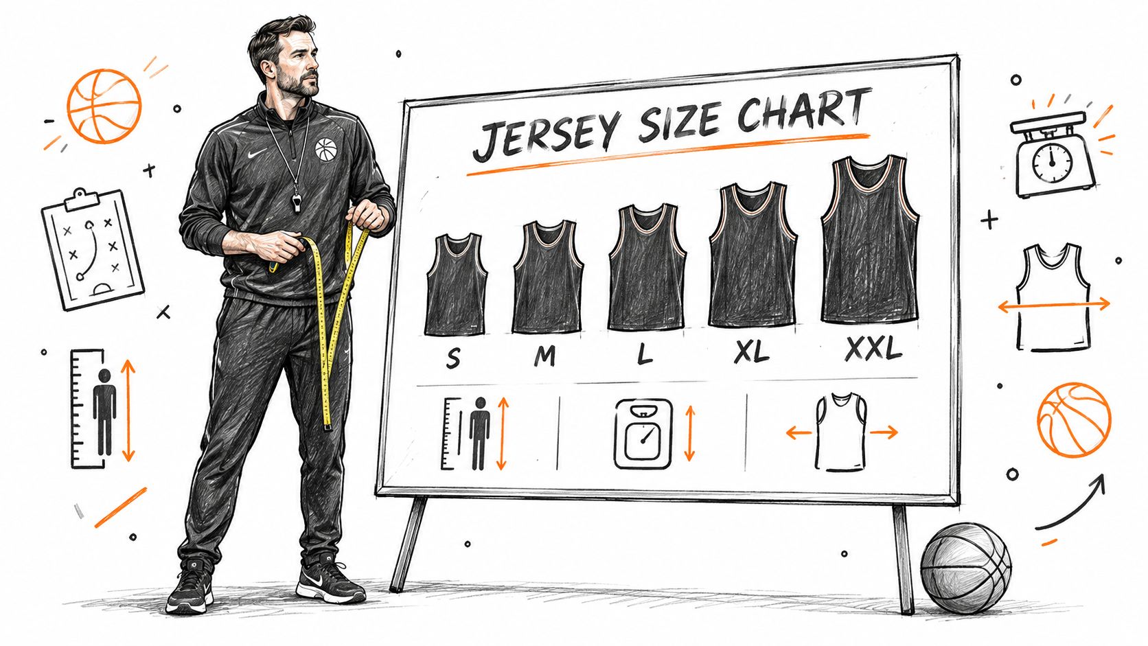 A basketball coach stands next to a whiteboard illustrating a jersey size chart with different sizes.
