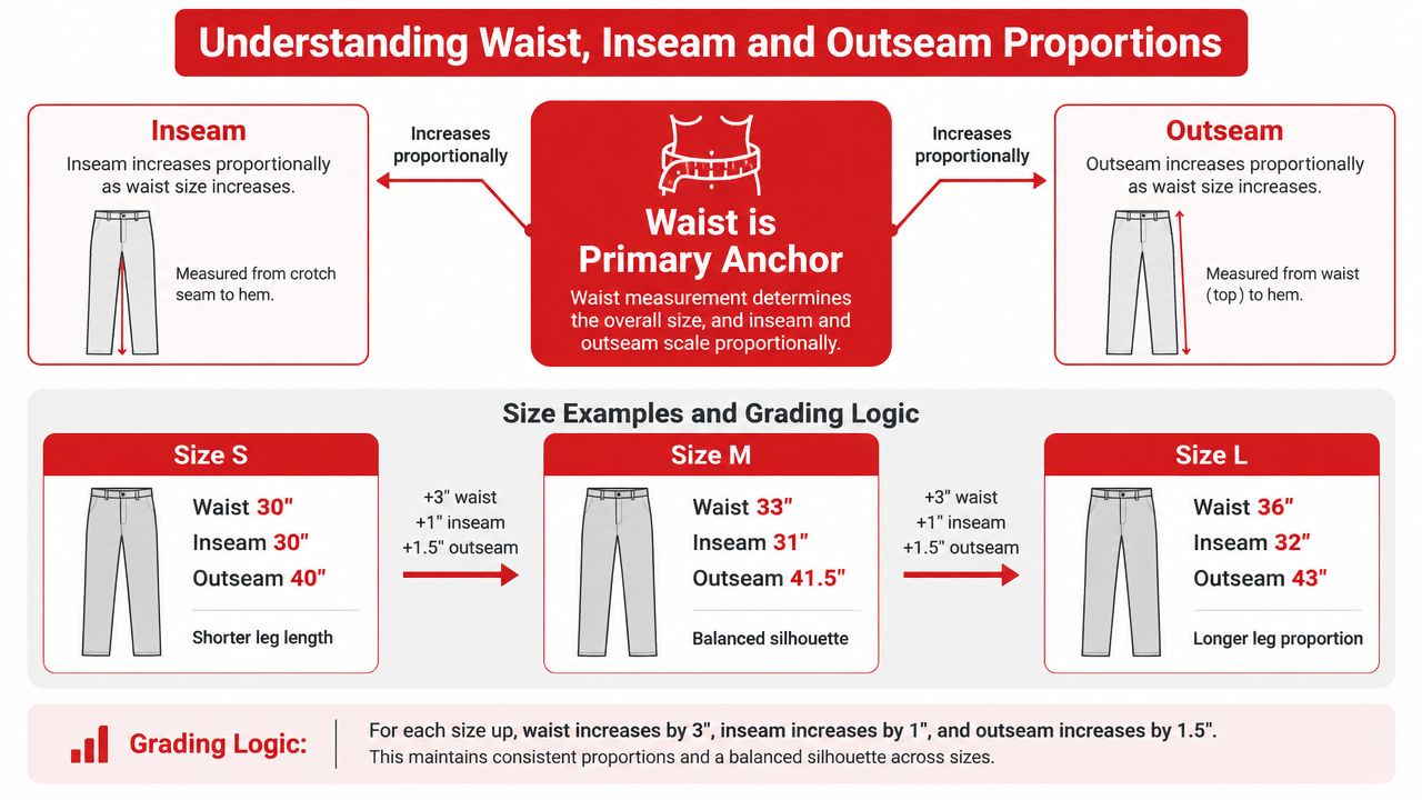 An infographic explaining how clothing waist, inseam, and outseam measurements scale proportionally across sizes S, M, and L.