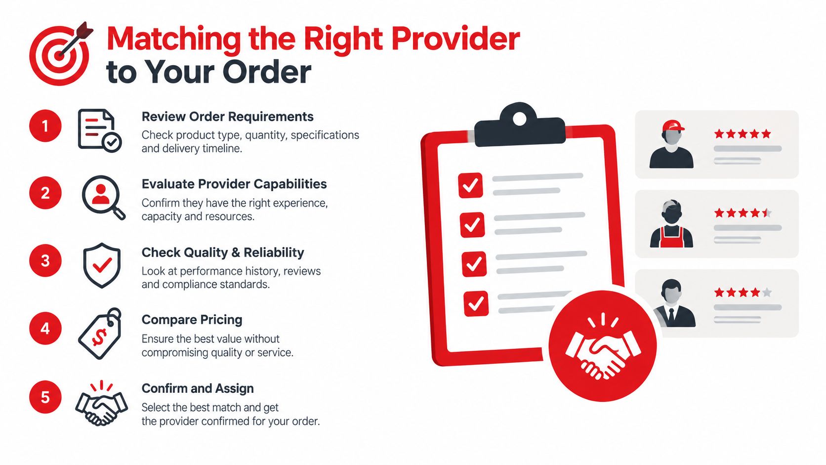 A five-step infographic showing how to select the right service provider for your business orders.