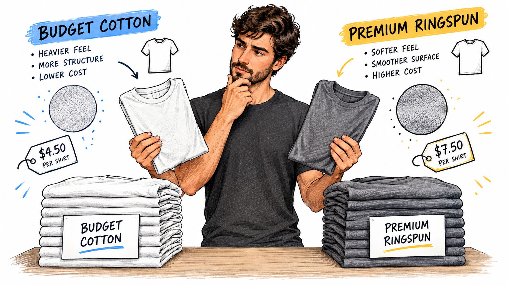 A man choosing between a white budget cotton shirt and a dark premium ringspun shirt for printing.