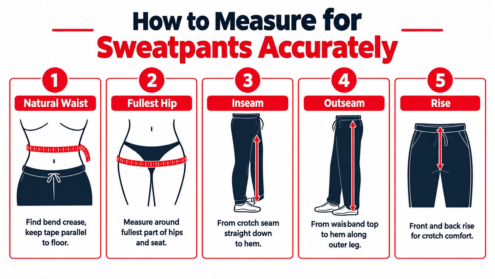 An infographic showing five steps for accurately measuring the body to find the correct sweatpants size.