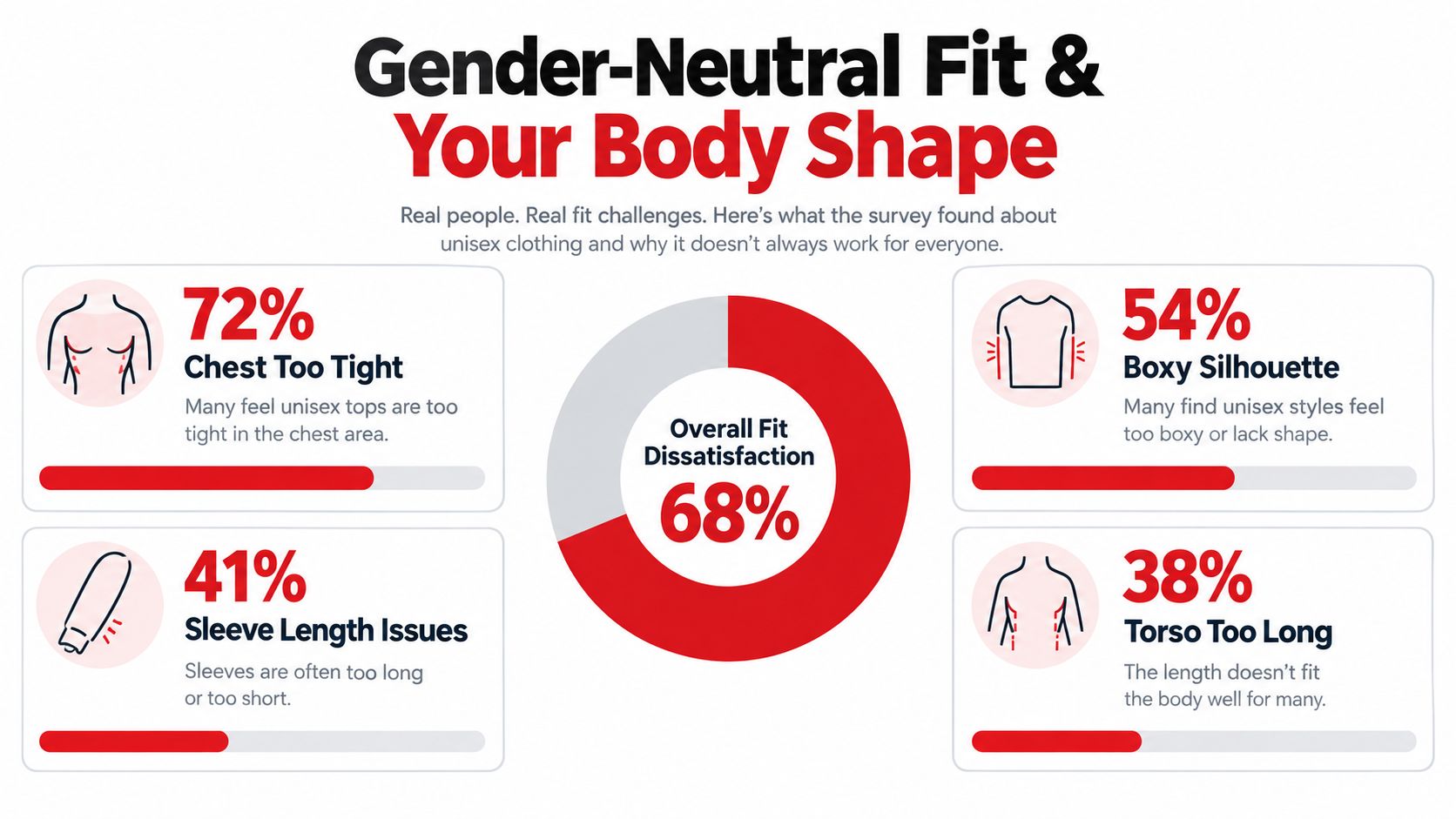 An infographic showing statistics on common fit issues with unisex clothing, including chest tightness and boxy shapes.