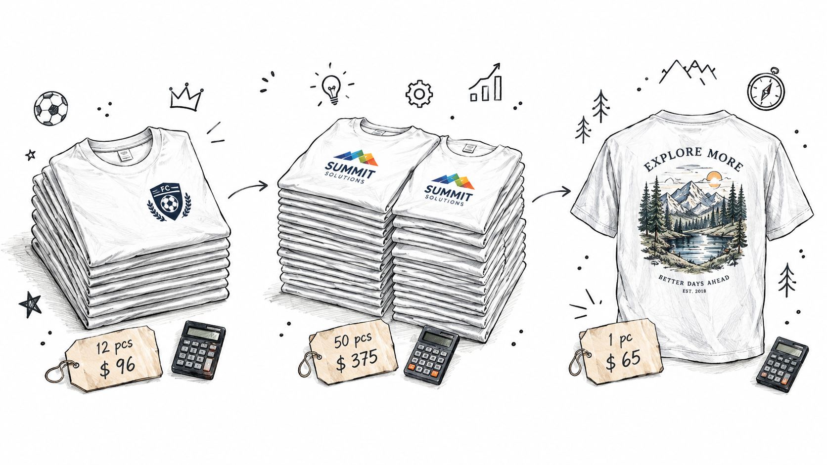 A hand-drawn illustration showing three different t-shirt printing pricing tiers for custom bulk and individual shirt orders.