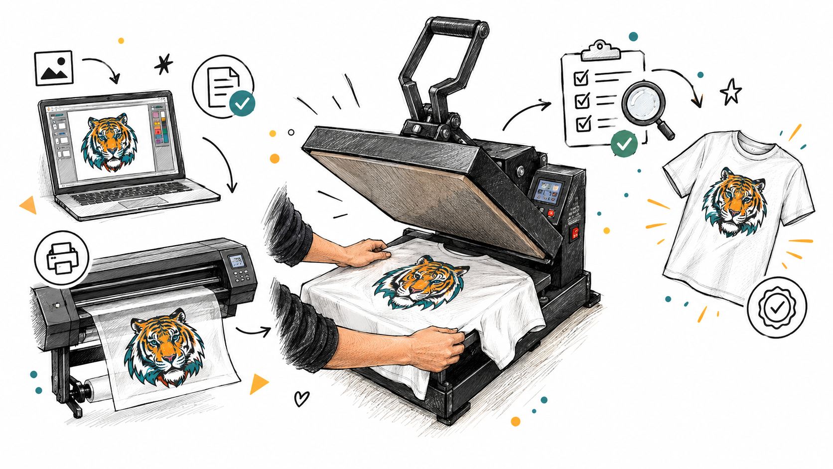 A hand-drawn illustration showing the process of custom t-shirt printing using a laptop, plotter, and heat press.