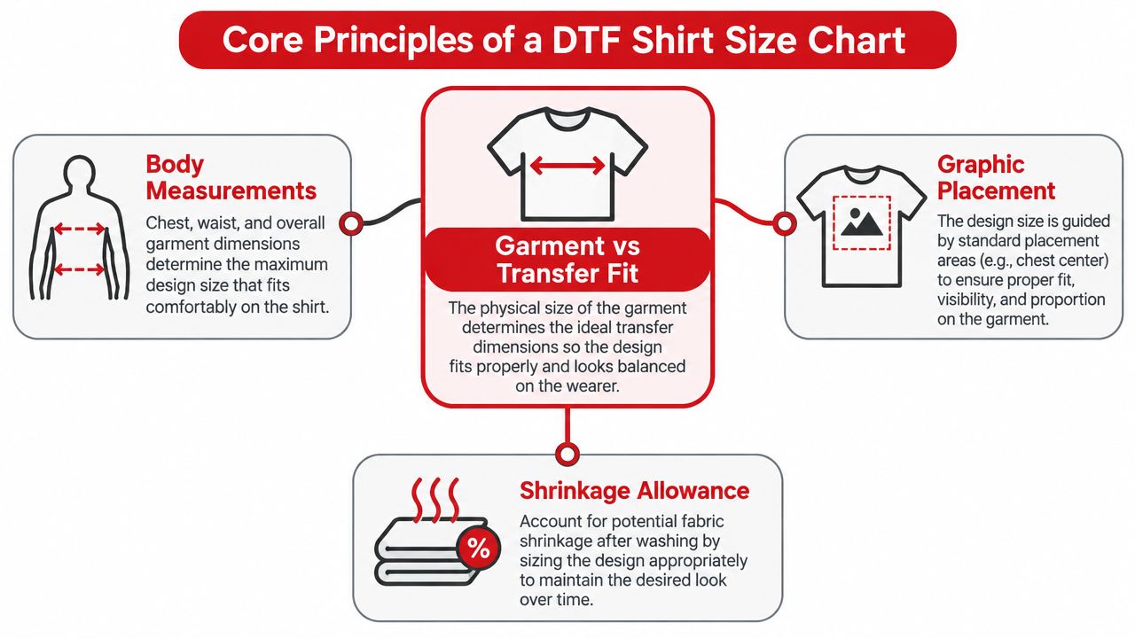 An infographic showing the four core principles for determining DTF shirt design and transfer sizing.