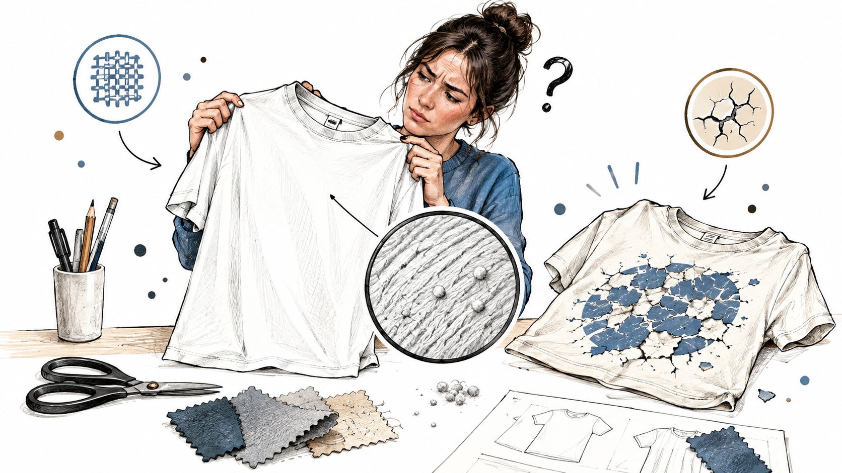 A designer inspecting a white shirt for fabric quality and potential print cracking issues in a studio.