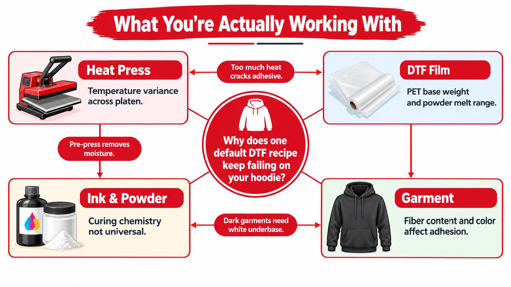 An infographic explaining common factors causing DTF transfer failures on hoodies, including equipment, materials, and garment types.